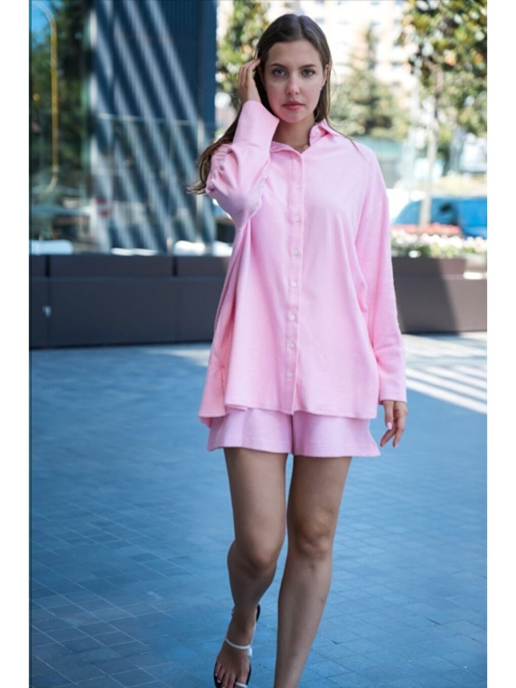 Pembe Hawaii Kadın %100 Pamuk Havlu Kumaş Oversize Gömlek-2