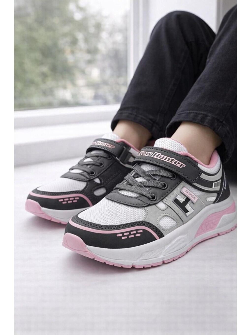 Gri Unisex Çocuk Spor Günlük Hafif Taban Cırtlı Bağcıklı Nefes Alabilen Kaymaz Okul Ve Günlük Sneaker-1