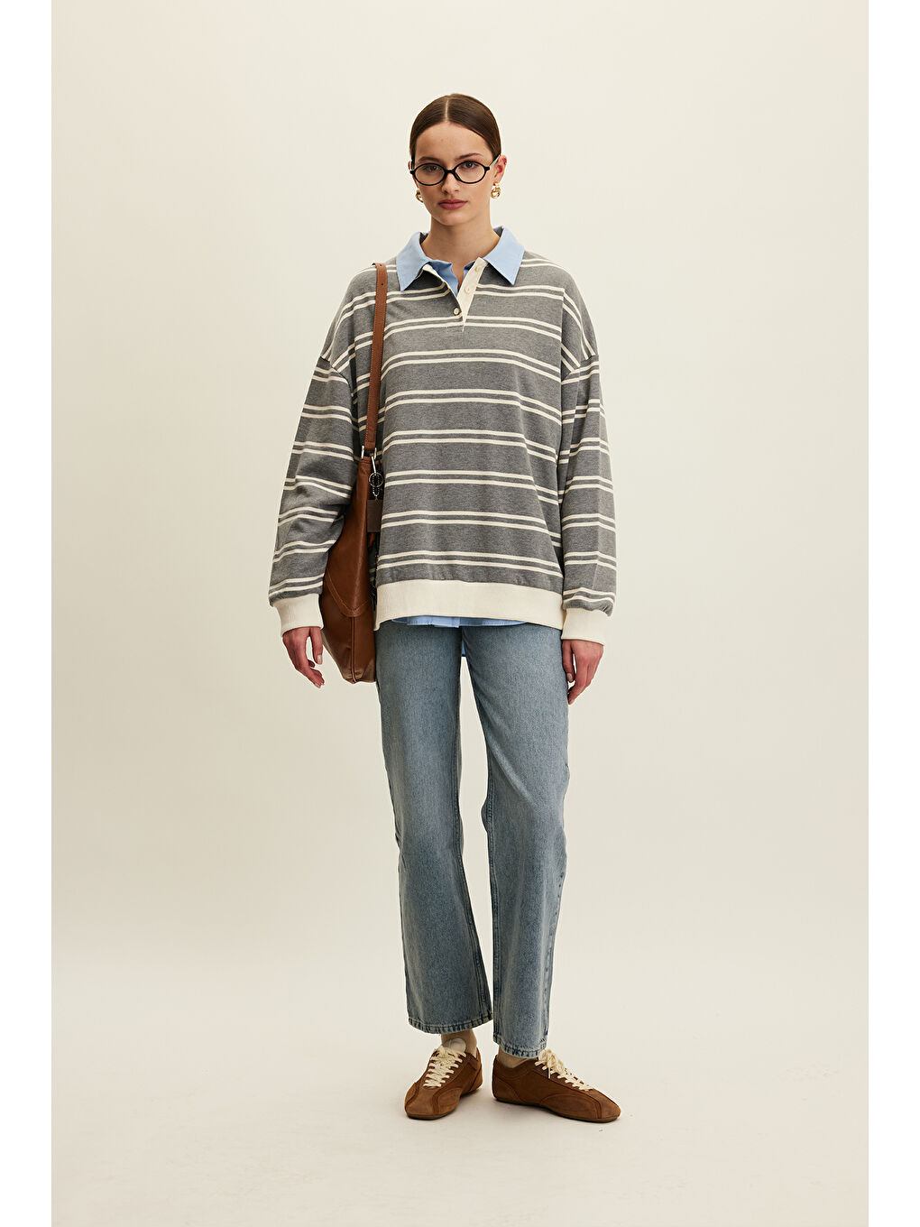 Polo Yaka Oversıze Sweatshırt Gri-1