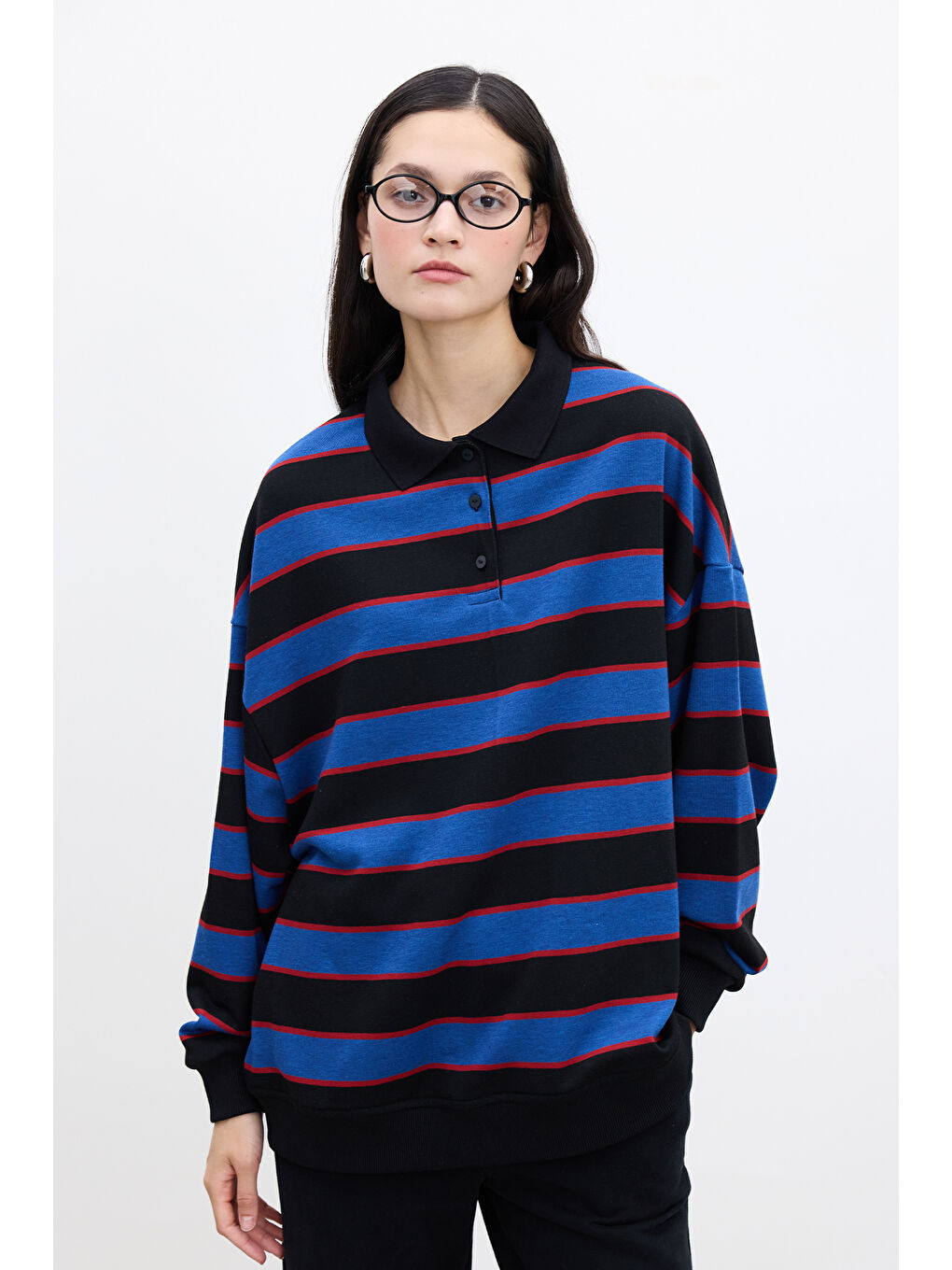 Polo Yaka Oversıze Sweatshırt Mavi-2