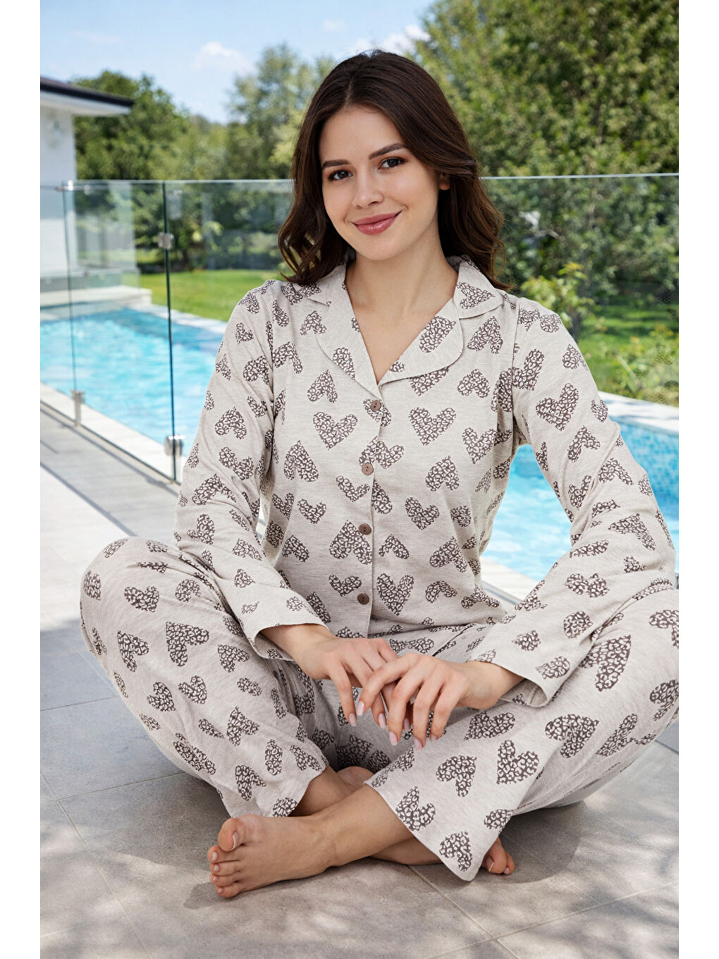 Kadın Kalp Desen Önü Düğmeli Suprem Pijama Takımı 0613 Bej04-1
