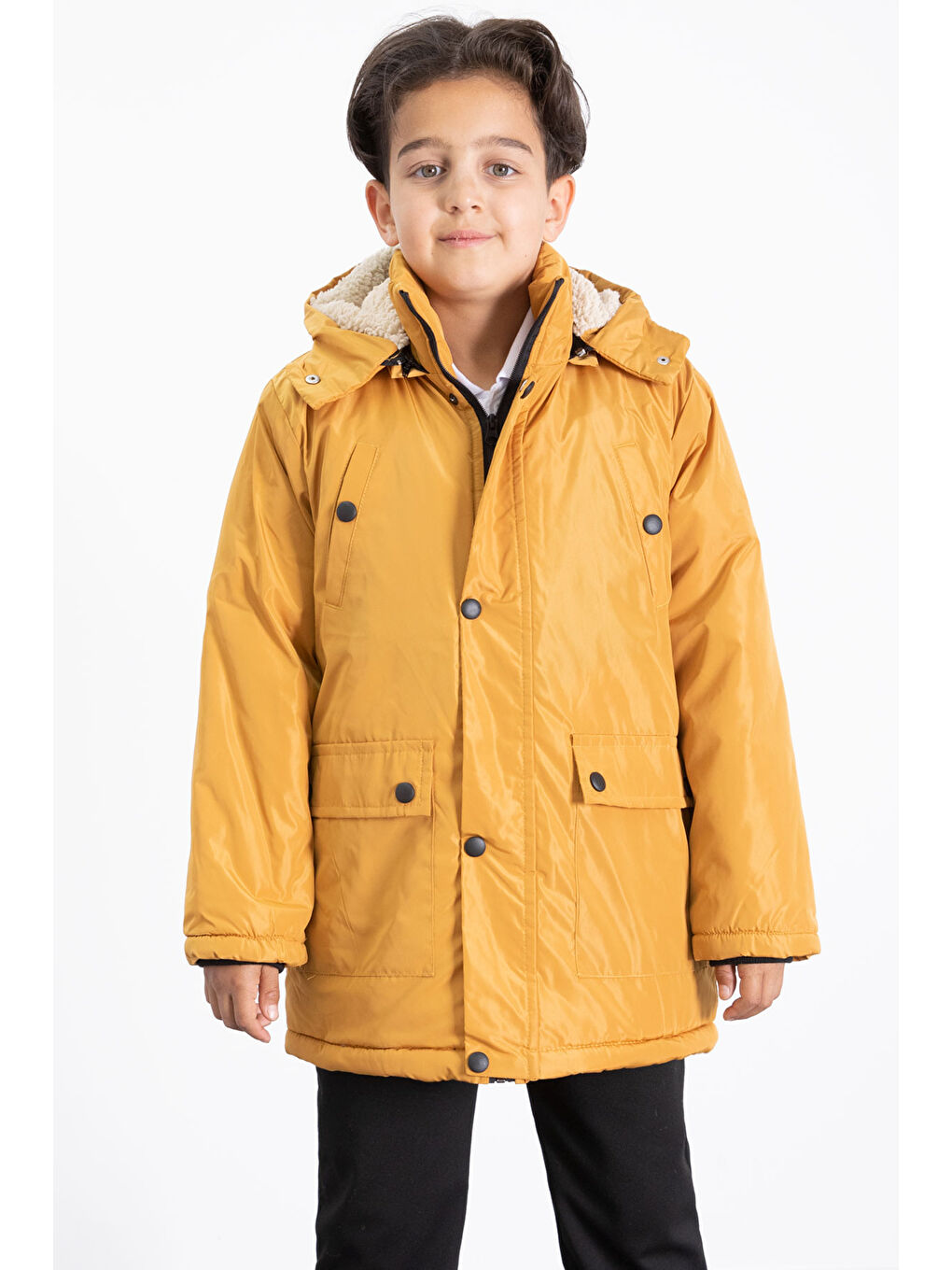 Sarı Hardal İçi Kürklü Çıkarılabilir Kapüşonlu Basic Erkek Çocuk Şişme Mont 21440-2