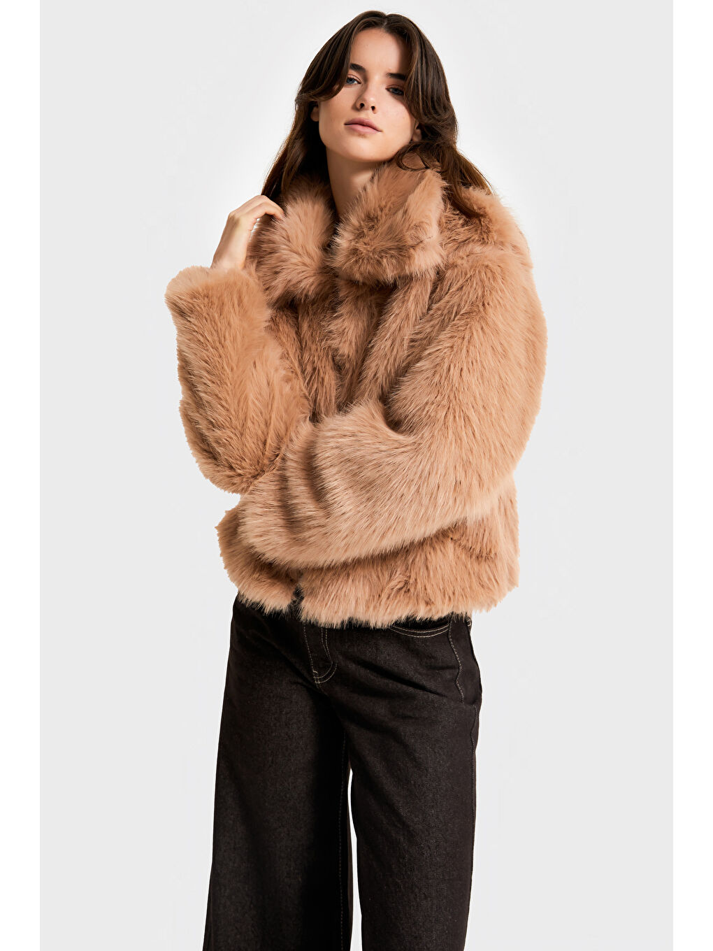 Kahverengi Kadın Kahve Renk w5-82 Yakalı Kürk Mont-1