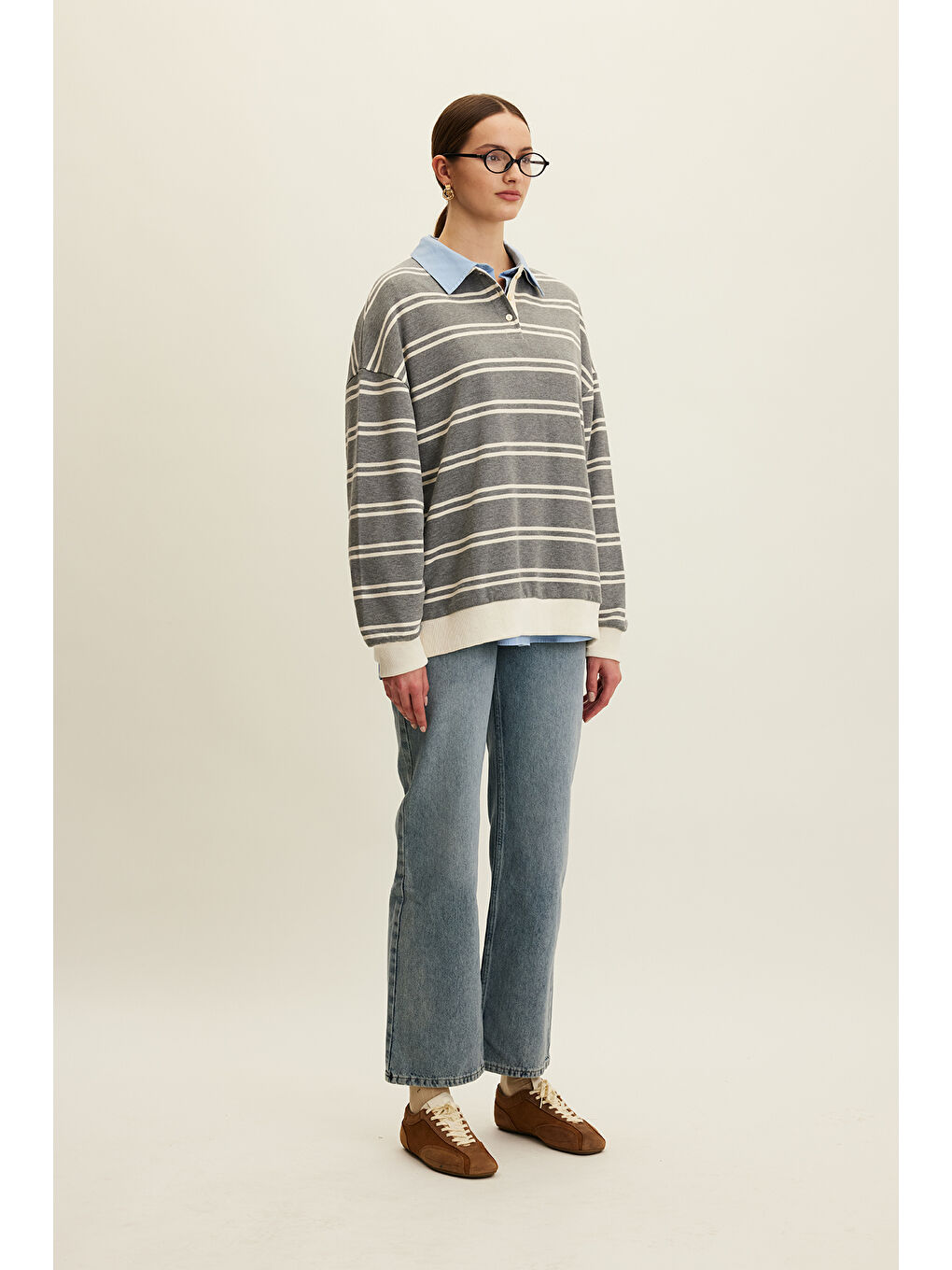 Polo Yaka Oversıze Sweatshırt Gri-3