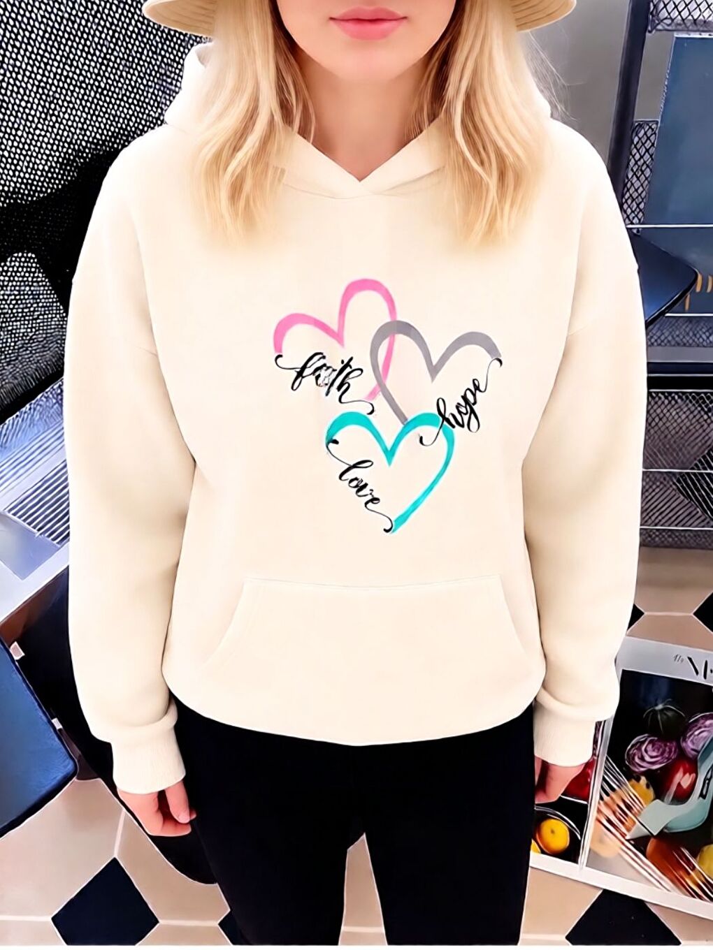 Kadın Bej Faith Love Hope Baskılı Oversize Sweatshirt