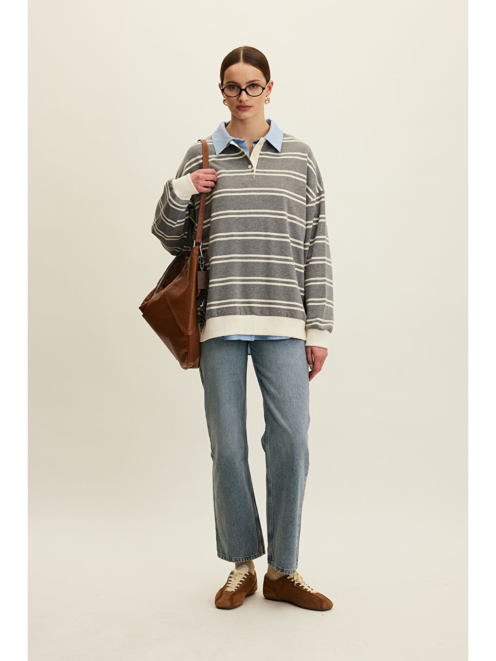 Polo Yaka Oversıze Sweatshırt Gri-4