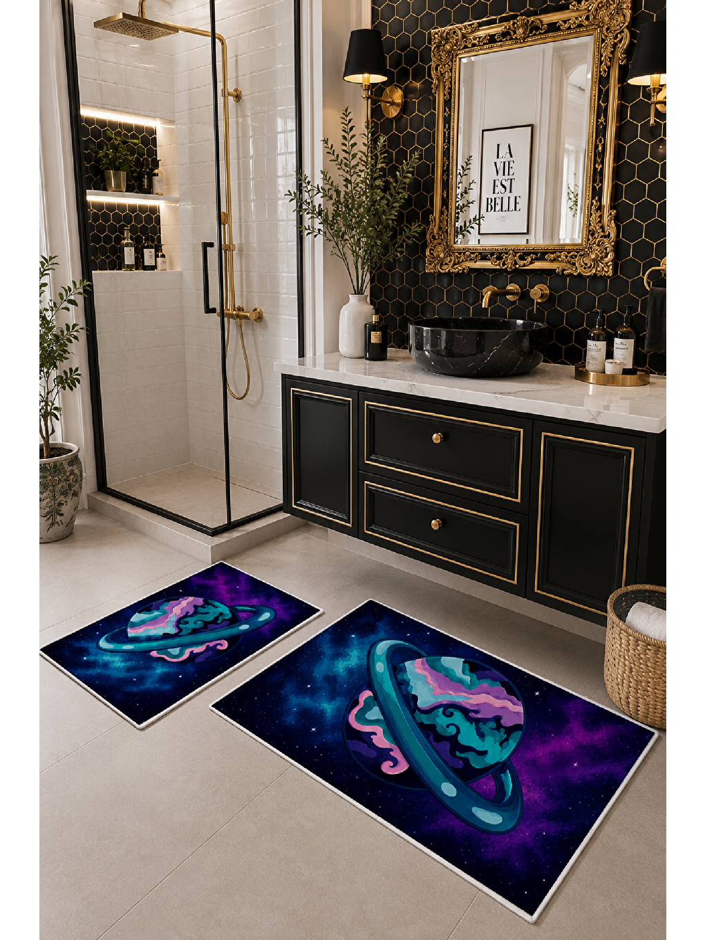 Lacivert Mor Gezegen Desenli Kaymaz Taban Banyo Paspası 2’li Set-3