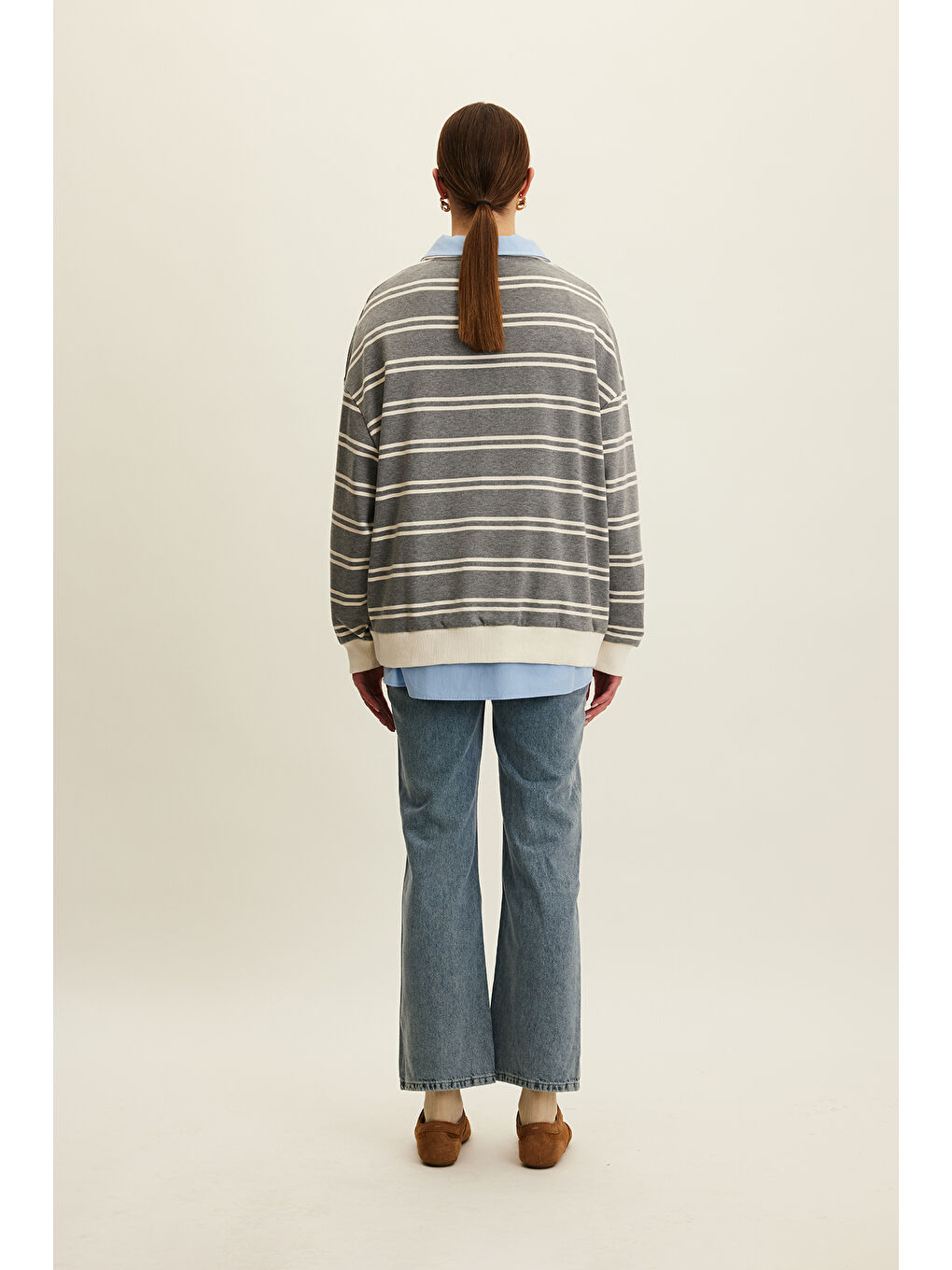 Polo Yaka Oversıze Sweatshırt Gri-5