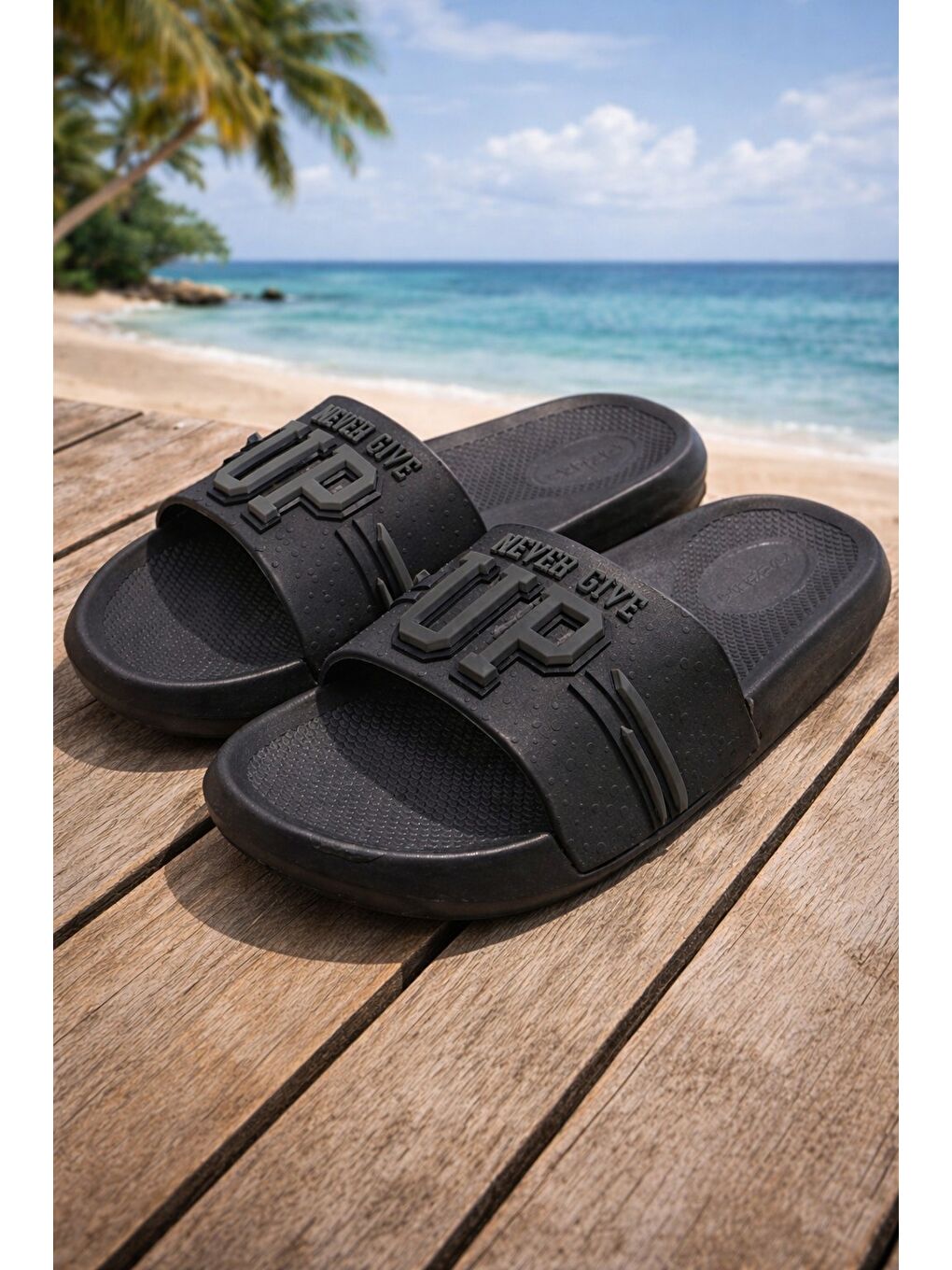 Siyah NEVER GIVE UP Erkek Terlik Kaymaz Taban Deniz Plaj Havuz Terliği Banyo Bahçe Balkon Hastane Ev Terli
