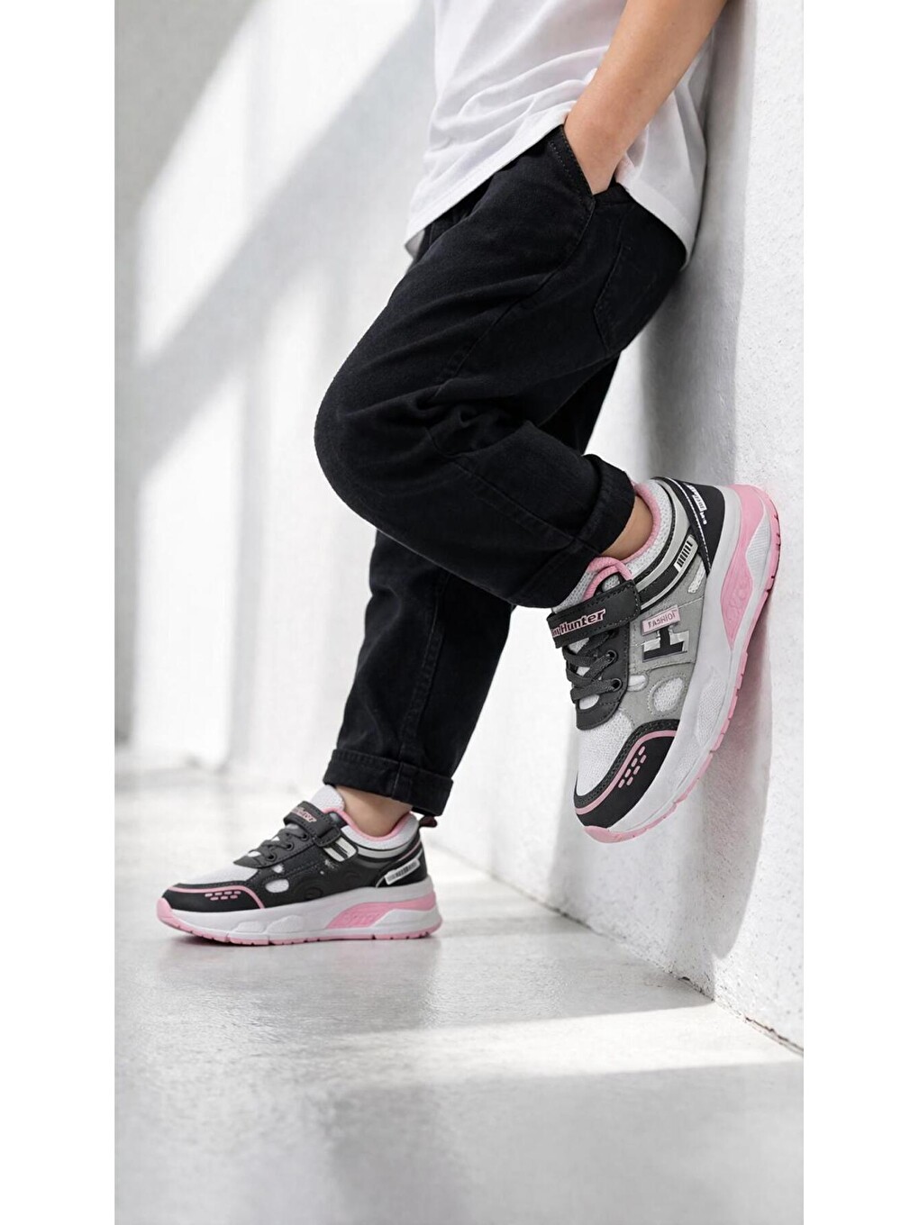 Gri Unisex Çocuk Spor Günlük Hafif Taban Cırtlı Bağcıklı Nefes Alabilen Kaymaz Okul Ve Günlük Sneaker-3
