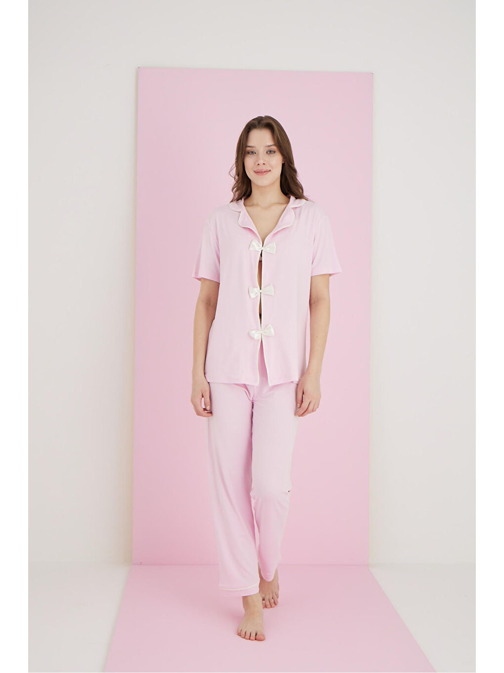 Pembe Bamboo Fiyonklu Pijama Takımı 7058-2