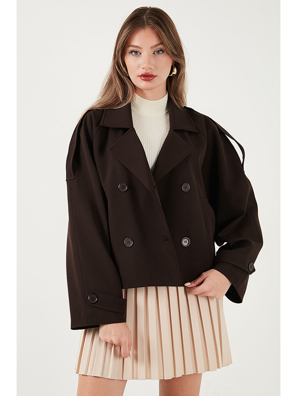 Kahverengi Regular Fit Kruvaze Yaka Düğmeli Astarlı Kadın Ceket Mont 6524955-3