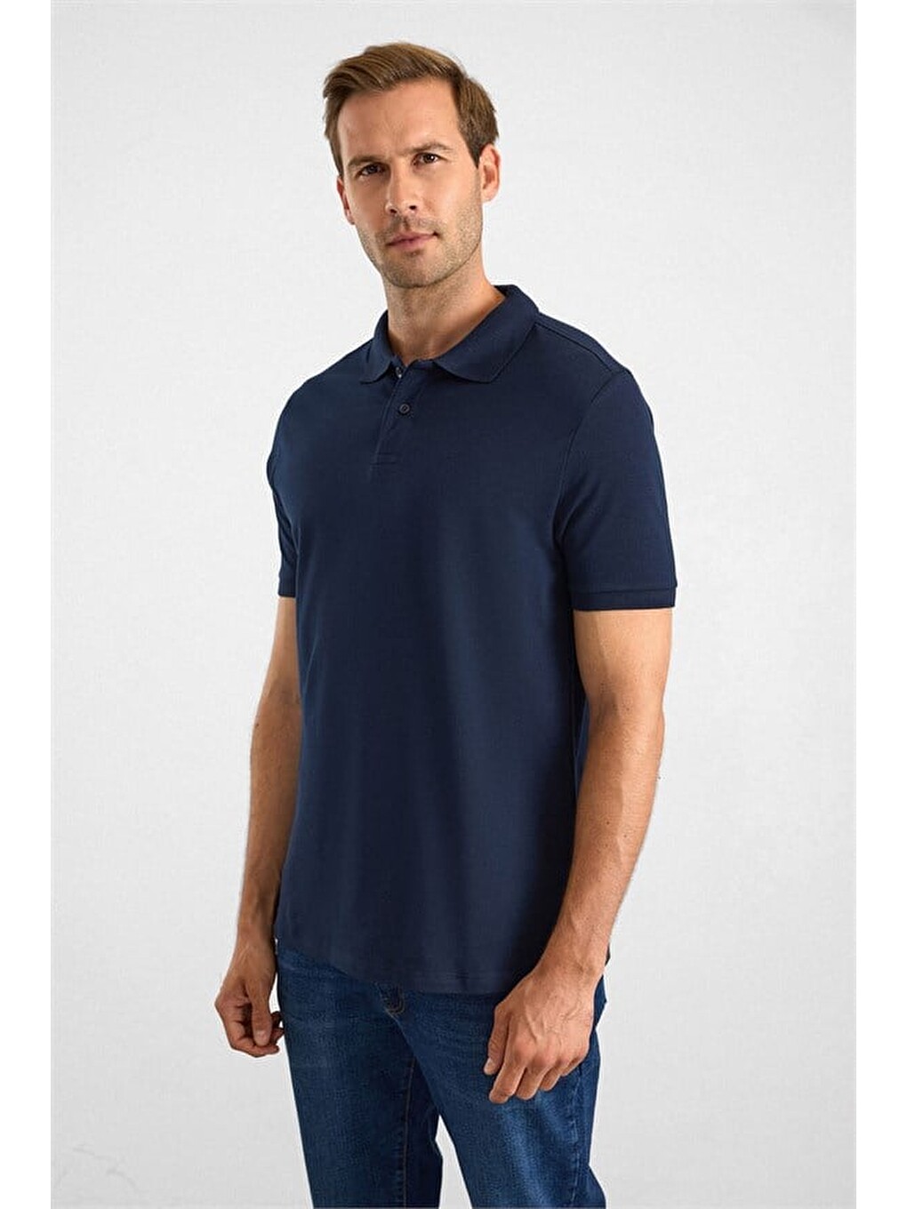 Lacivert Slim Düz Baskısız Pike Düğmeli Polo Yaka Tişört-2