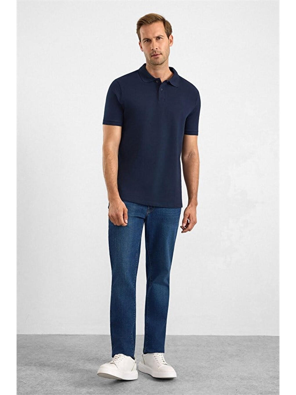 Lacivert Slim Düz Baskısız Pike Düğmeli Polo Yaka Tişört-3