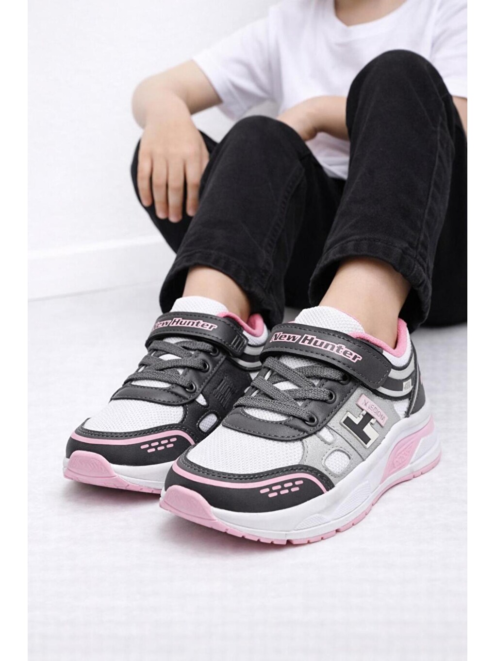 Gri Unisex Çocuk Spor Günlük Hafif Taban Cırtlı Bağcıklı Nefes Alabilen Kaymaz Okul Ve Günlük Sneaker-4