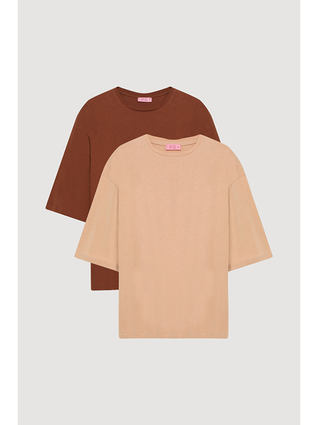 Truvakar Kol Oversize Basic Tişört 2 li Paket Bej/Kahverengi