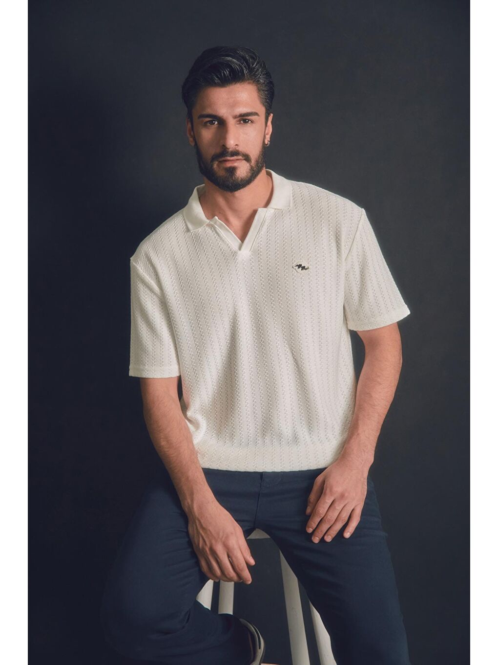 Ekru Nakışlı Polo Yaka Erkek Tişört