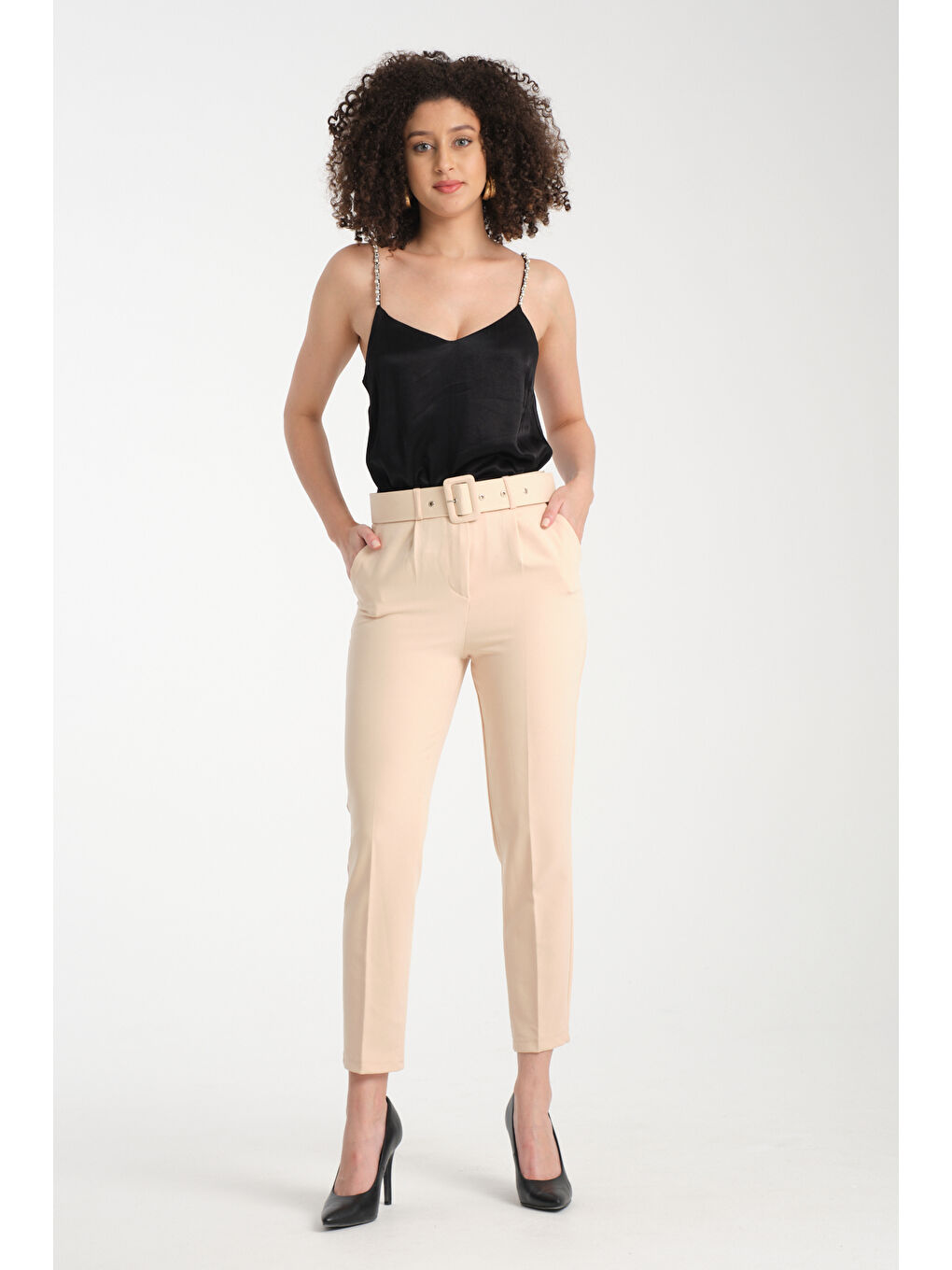 Bej Kadın Kemerli Kumaş Pantolon 2988-4