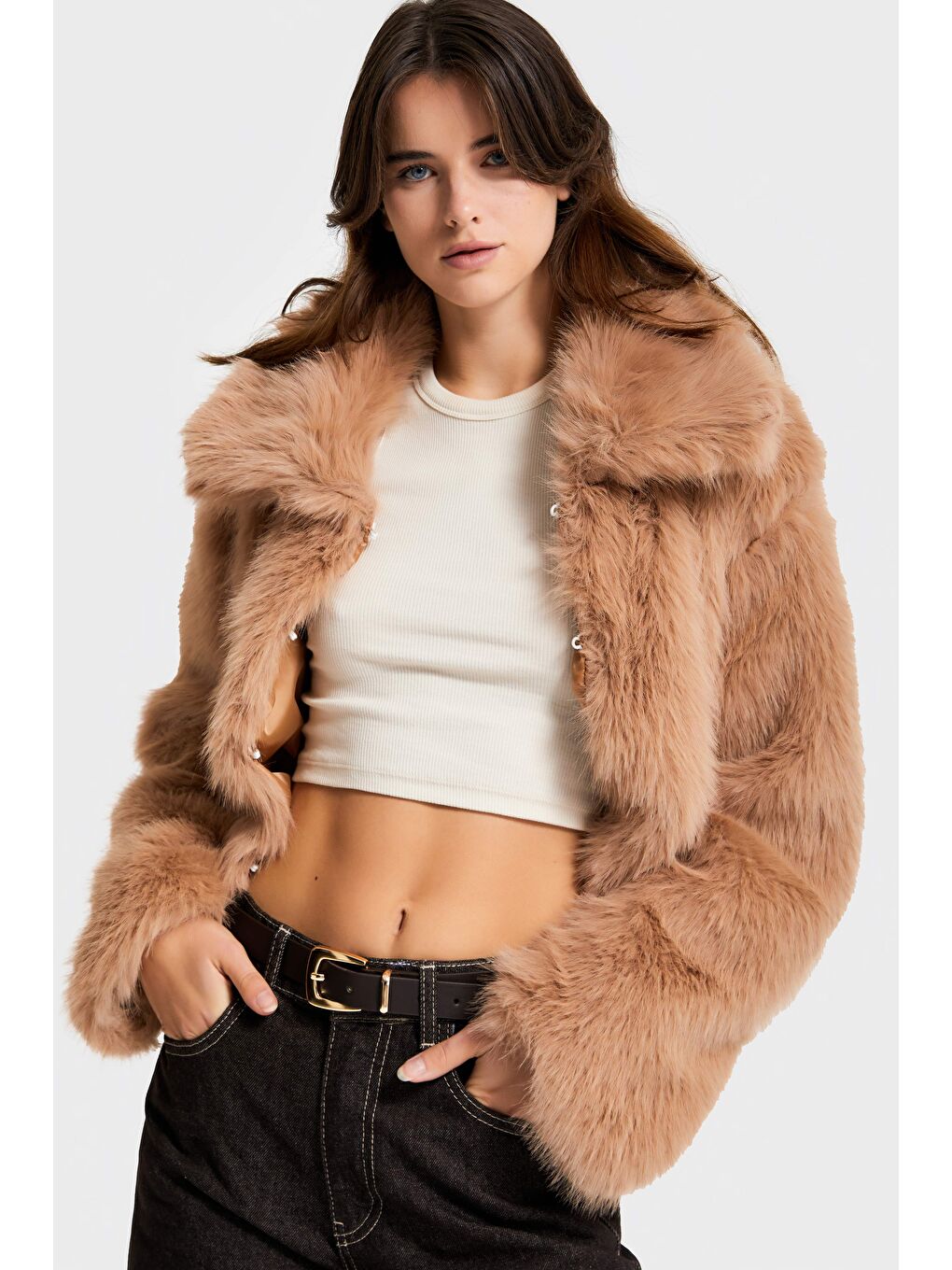 Kahverengi Kadın Kahve Renk w5-82 Yakalı Kürk Mont-2