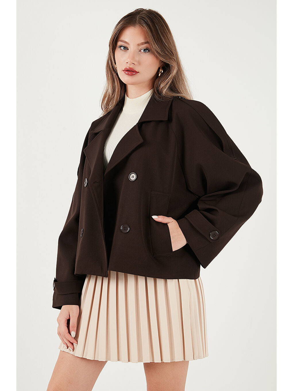 Kahverengi Regular Fit Kruvaze Yaka Düğmeli Astarlı Kadın Ceket Mont 6524955-4