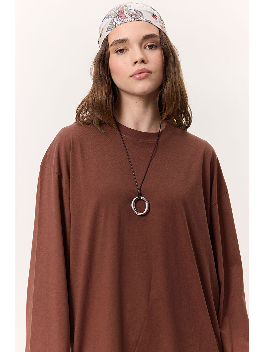 Kahverengi Geniş Kol Oversıze Tshırt Ağaç Kabuğu-2