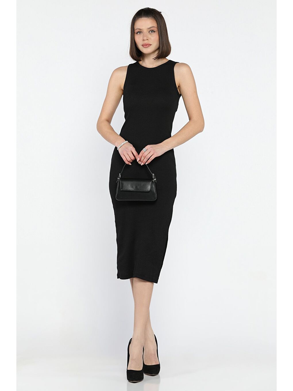 Siyah Kadın Bisiklet Yaka Kolsuz Yırtmaçlı Kaşkorse Elbise-1