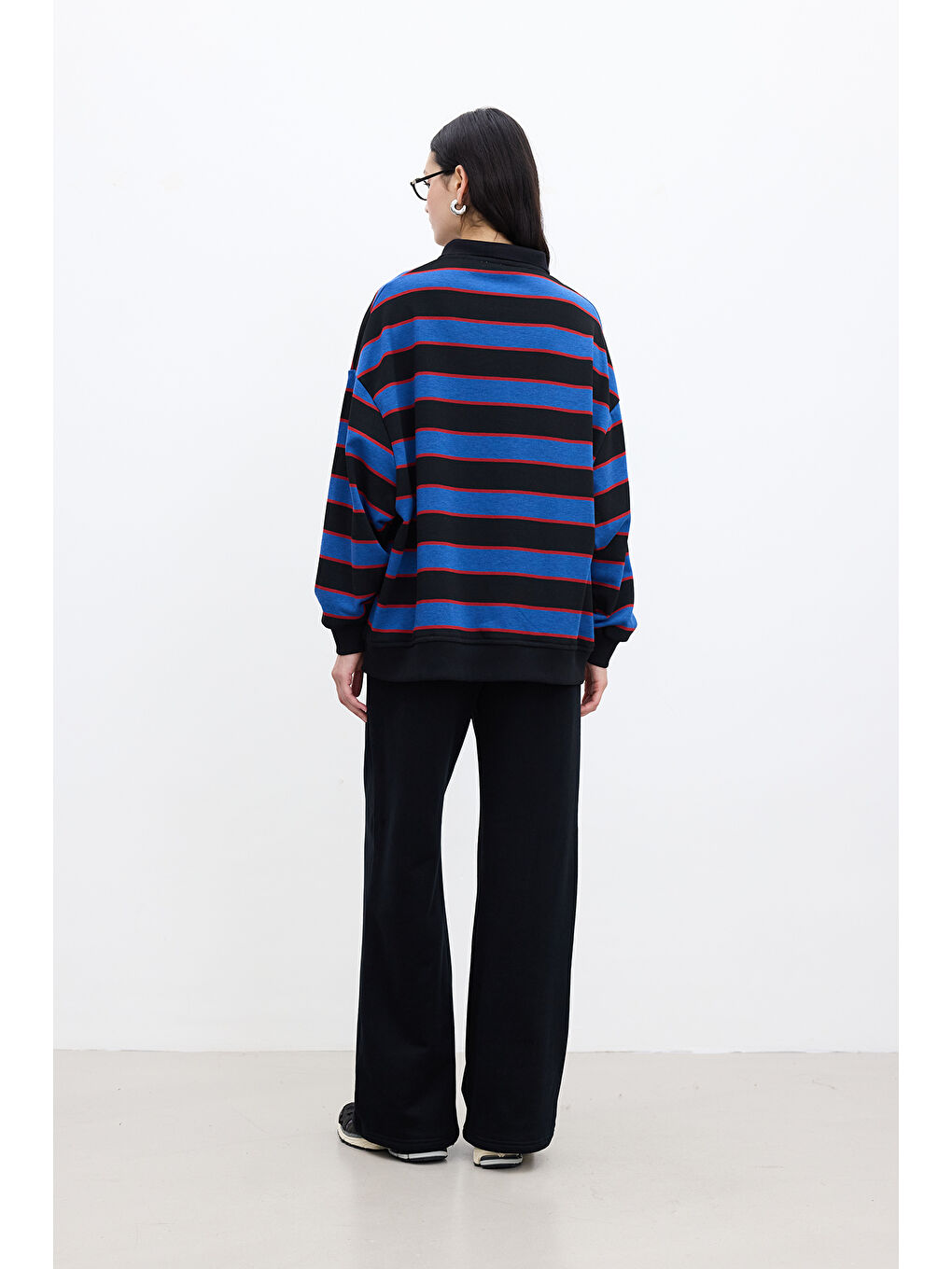 Polo Yaka Oversıze Sweatshırt Mavi-5