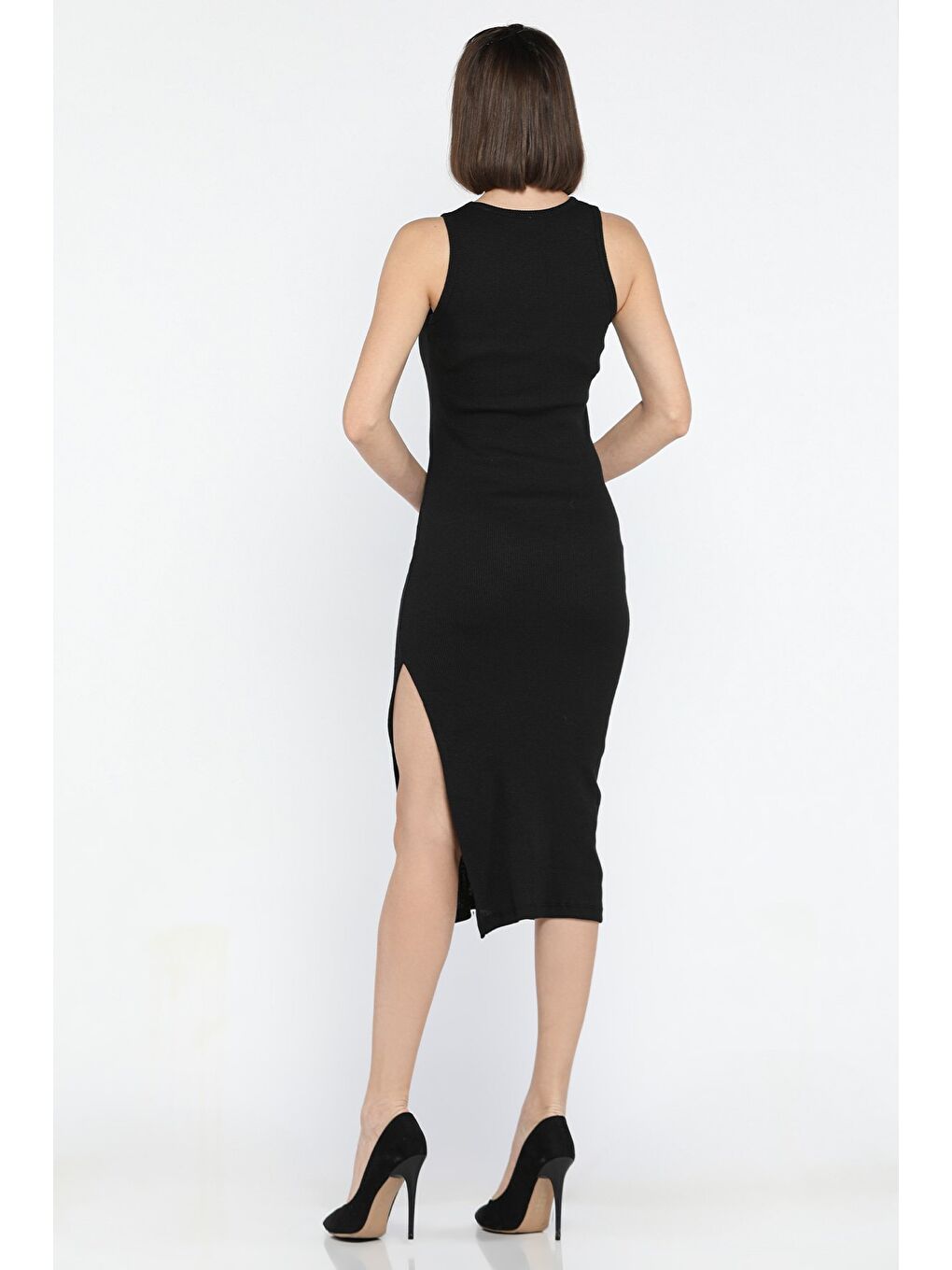 Siyah Kadın Bisiklet Yaka Kolsuz Yırtmaçlı Kaşkorse Elbise-2