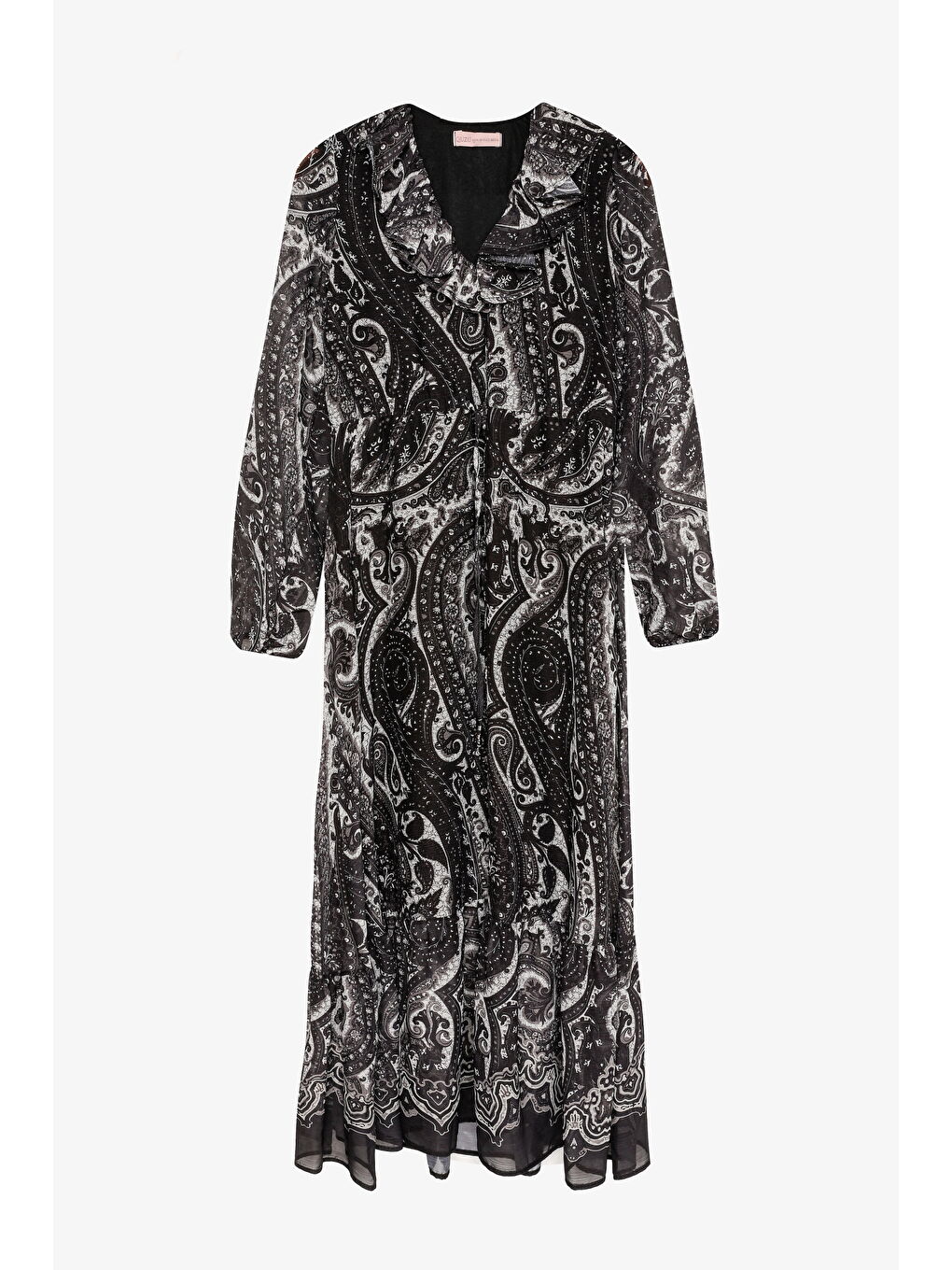 Etnik Desenli Volan Yaka Uzun Elbise Siyah