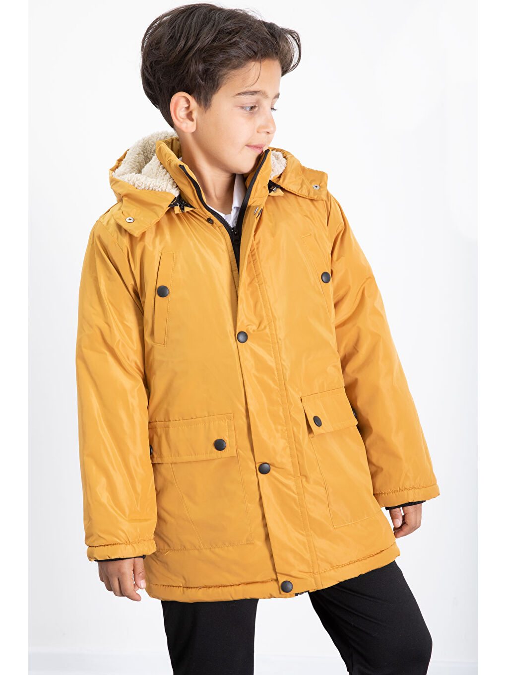 Sarı Hardal İçi Kürklü Çıkarılabilir Kapüşonlu Basic Erkek Çocuk Şişme Mont 21440-4