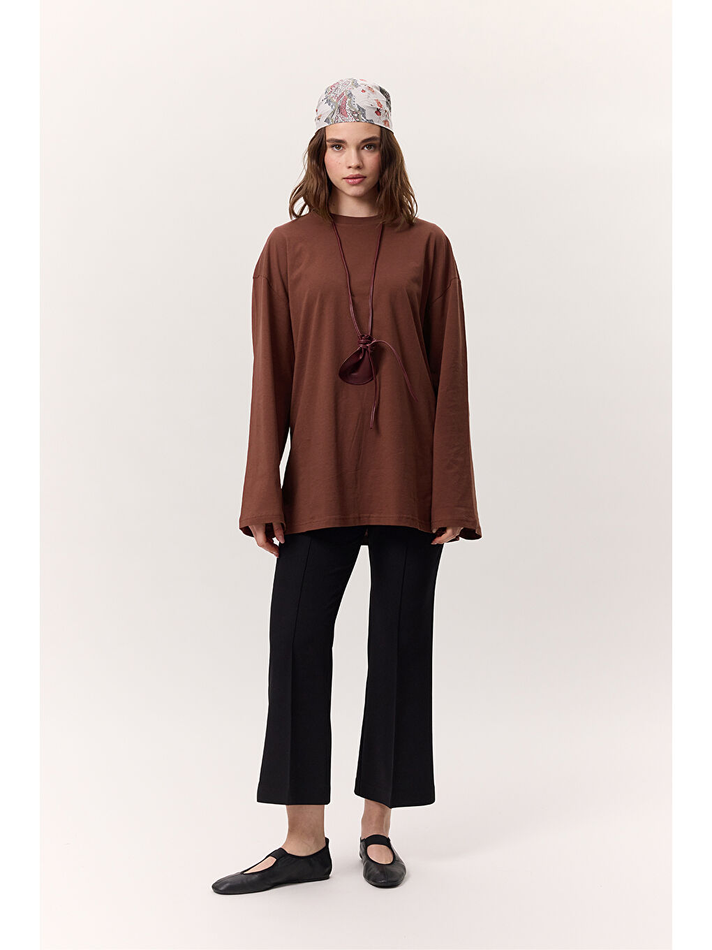 Kahverengi Geniş Kol Oversıze Tshırt Ağaç Kabuğu-3