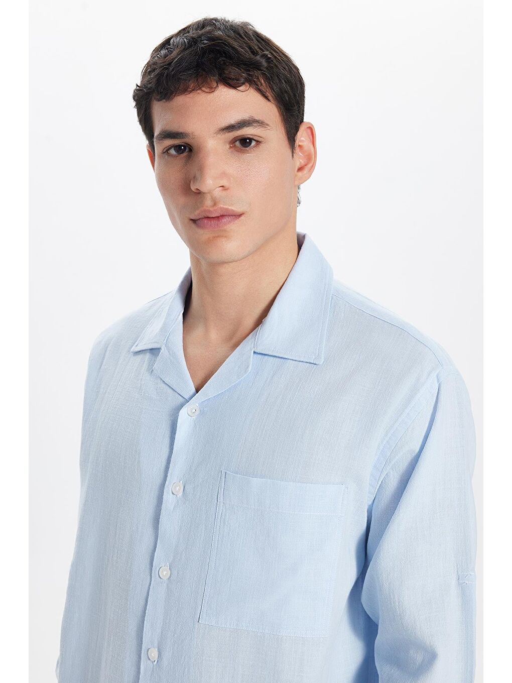 Erkek Relax Fit Rahat Kesim %100 Pamuk Keten Doku Apaş Yaka Mavi Gömlek-1