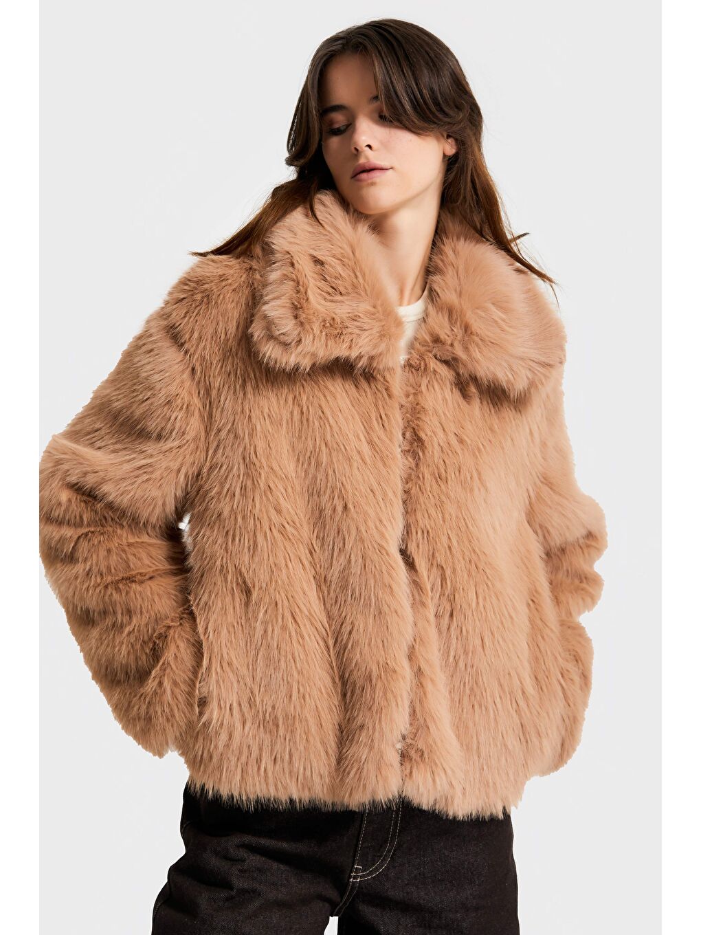 Kahverengi Kadın Kahve Renk w5-82 Yakalı Kürk Mont-3