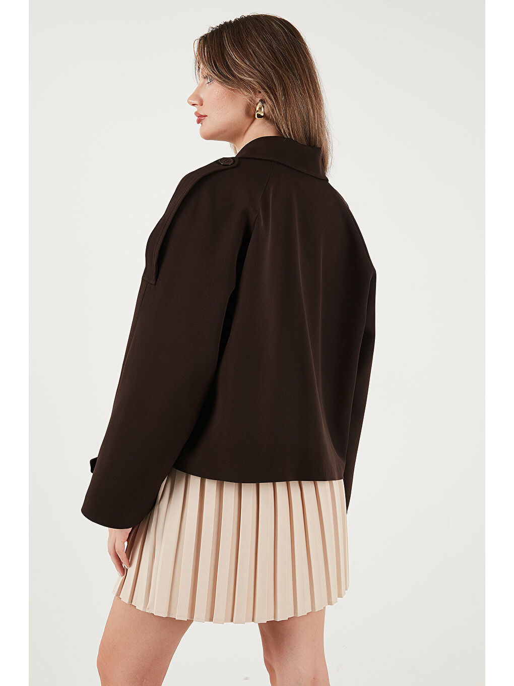 Kahverengi Regular Fit Kruvaze Yaka Düğmeli Astarlı Kadın Ceket Mont 6524955-6