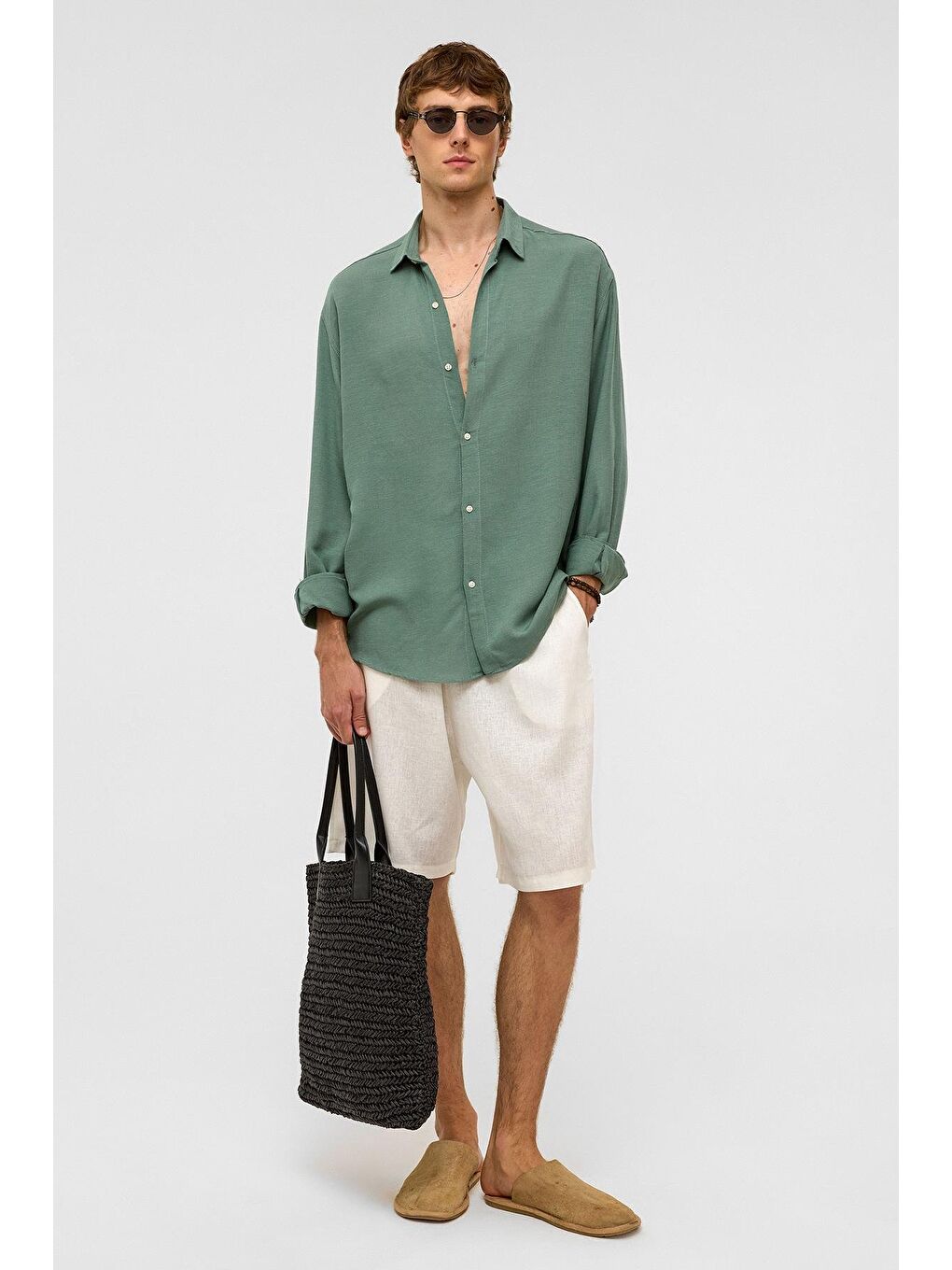 Oversize Uzun Kollu Keten Gömlek Haki