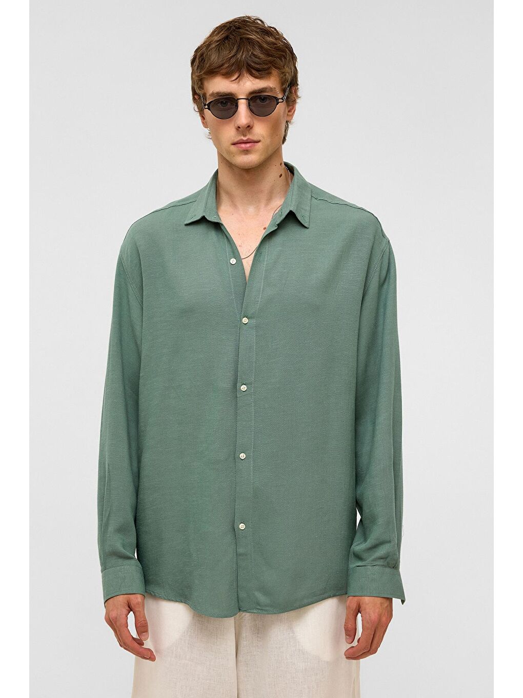 Oversize Uzun Kollu Keten Gömlek Haki-1