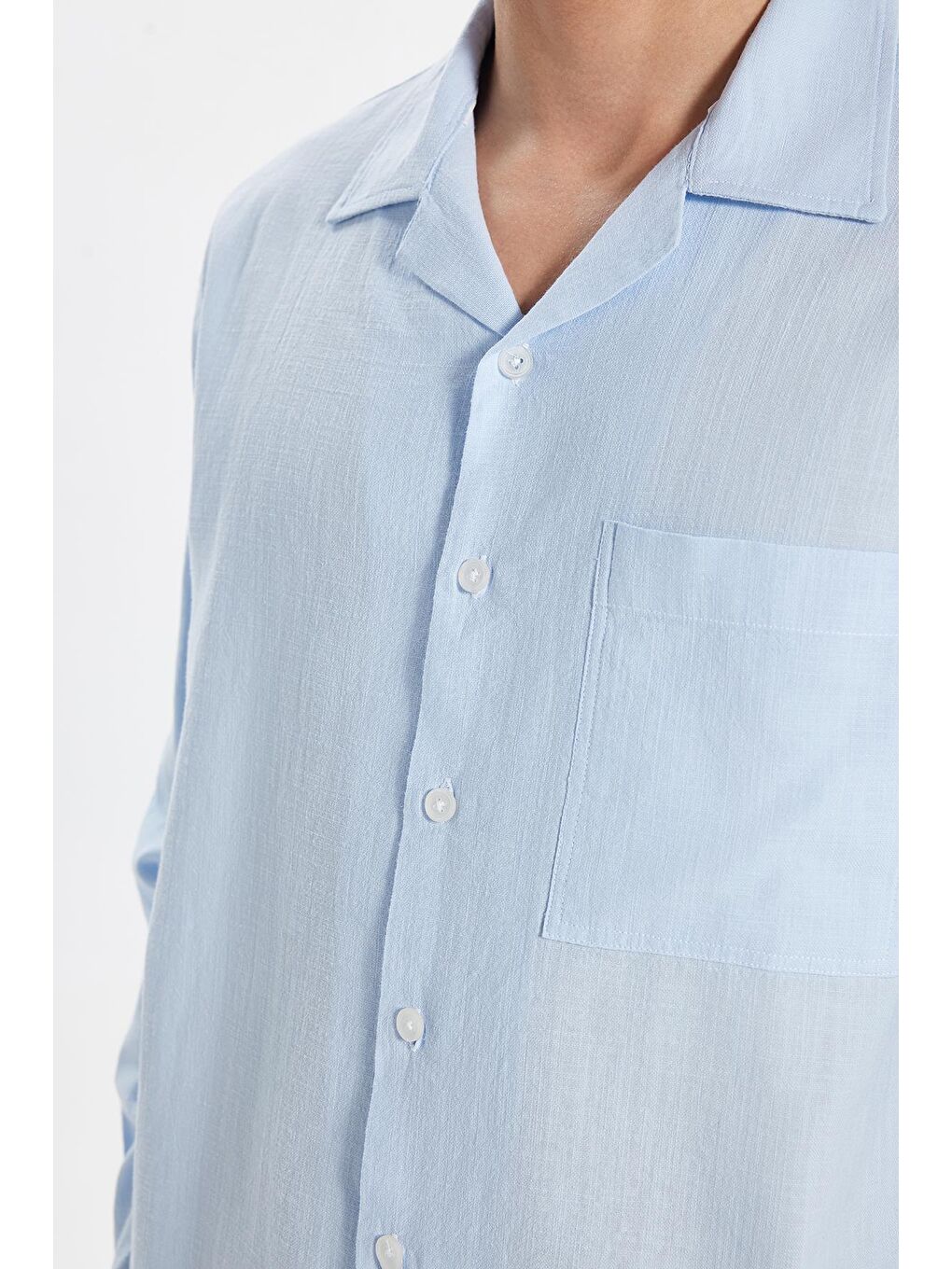 Erkek Relax Fit Rahat Kesim %100 Pamuk Keten Doku Apaş Yaka Mavi Gömlek-3