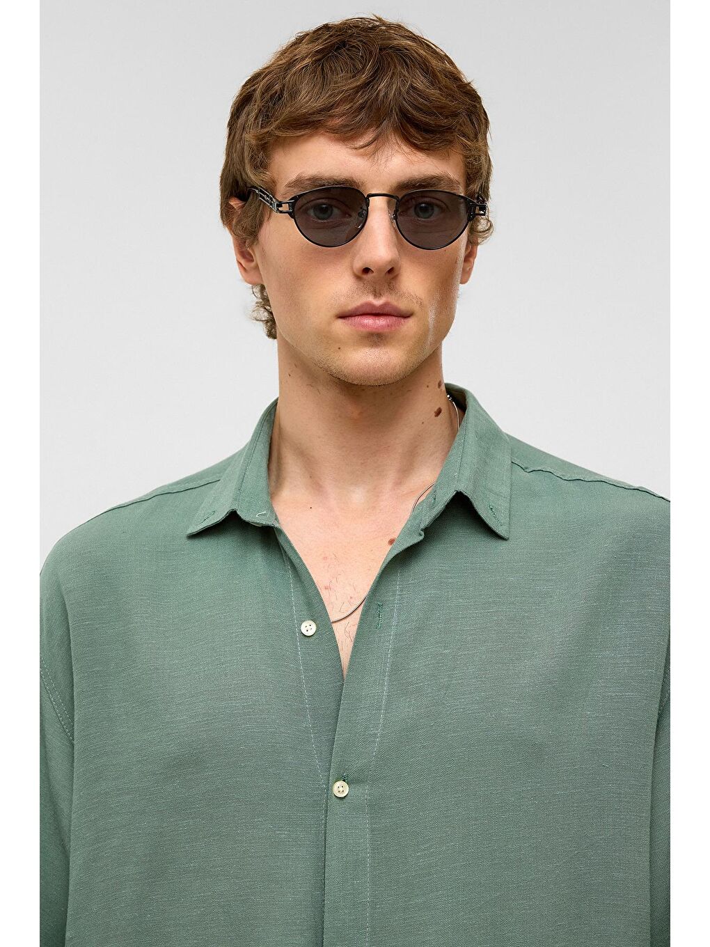 Oversize Uzun Kollu Keten Gömlek Haki-2