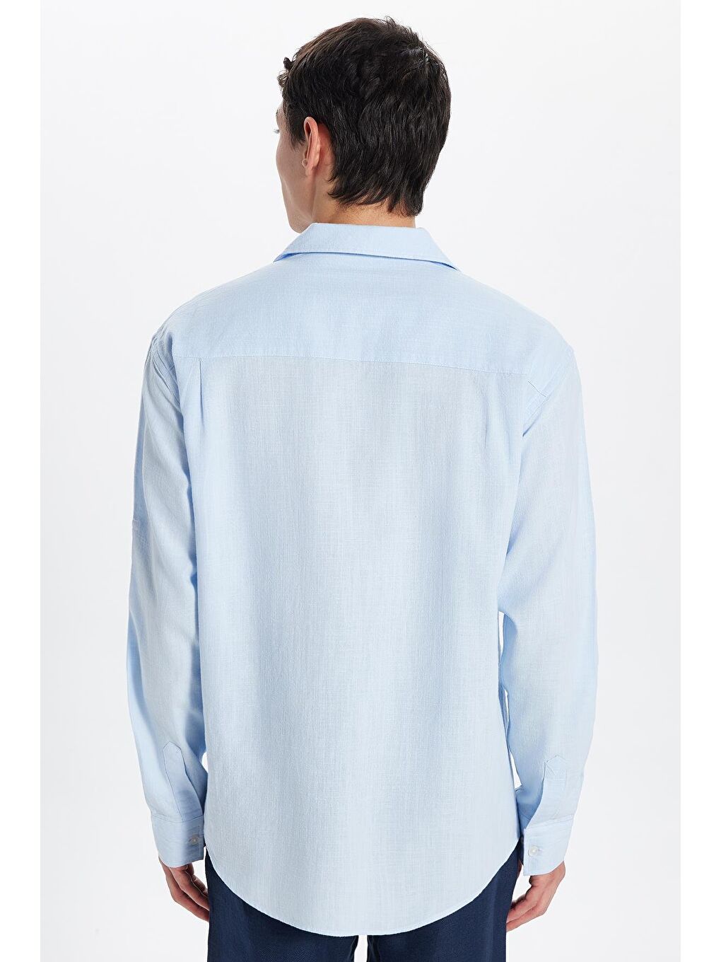 Erkek Relax Fit Rahat Kesim %100 Pamuk Keten Doku Apaş Yaka Mavi Gömlek-4