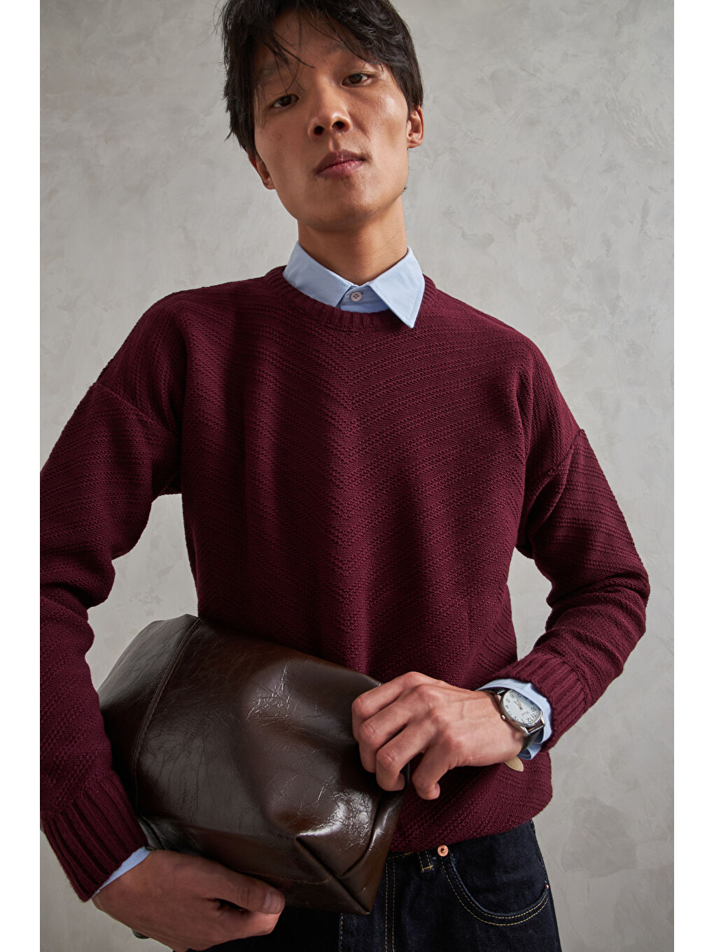 Bordo Erkek Bisiklet Yaka Oversize Ters Örgü Desen Kazak-1