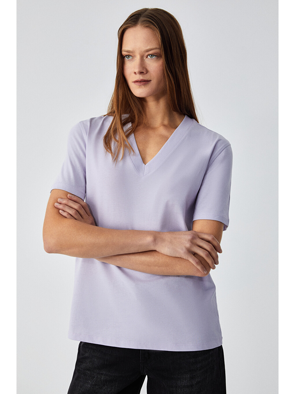 Lila ALINE Kadın %100 organik Pamuk Derin V Yakalı Comfort Fit LİLA T-Shirt-2