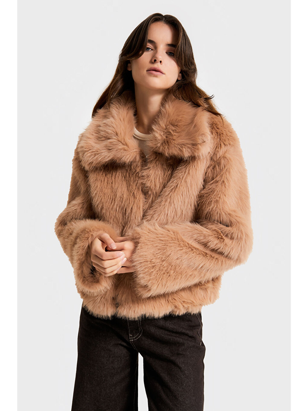 Kahverengi Kadın Kahve Renk w5-82 Yakalı Kürk Mont-4