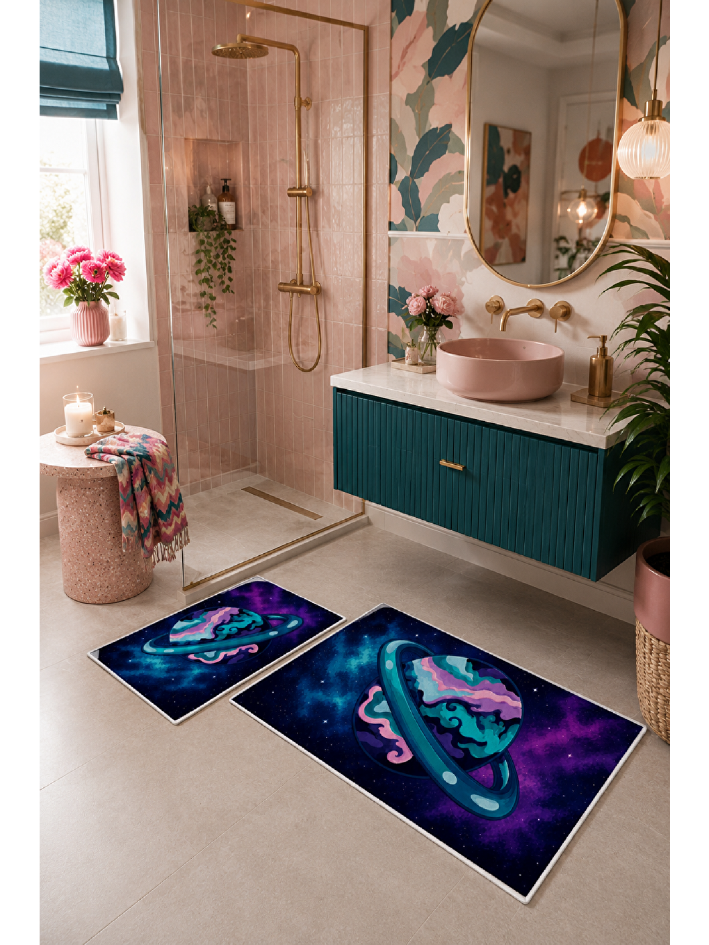Lacivert Mor Gezegen Desenli Kaymaz Taban Banyo Paspası 2’li Set-4