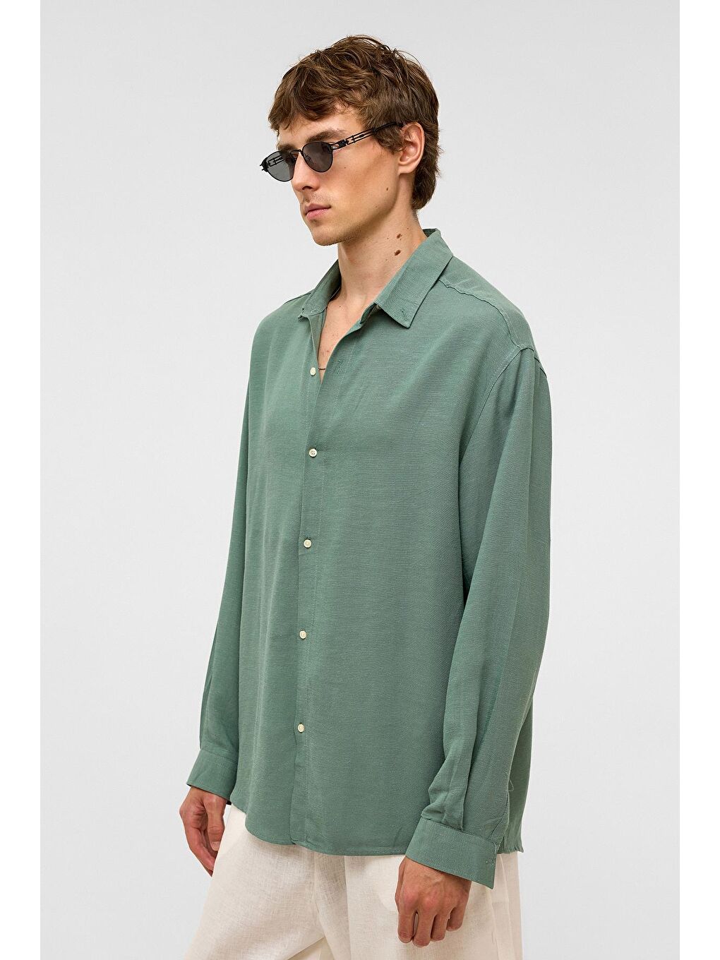Oversize Uzun Kollu Keten Gömlek Haki-5