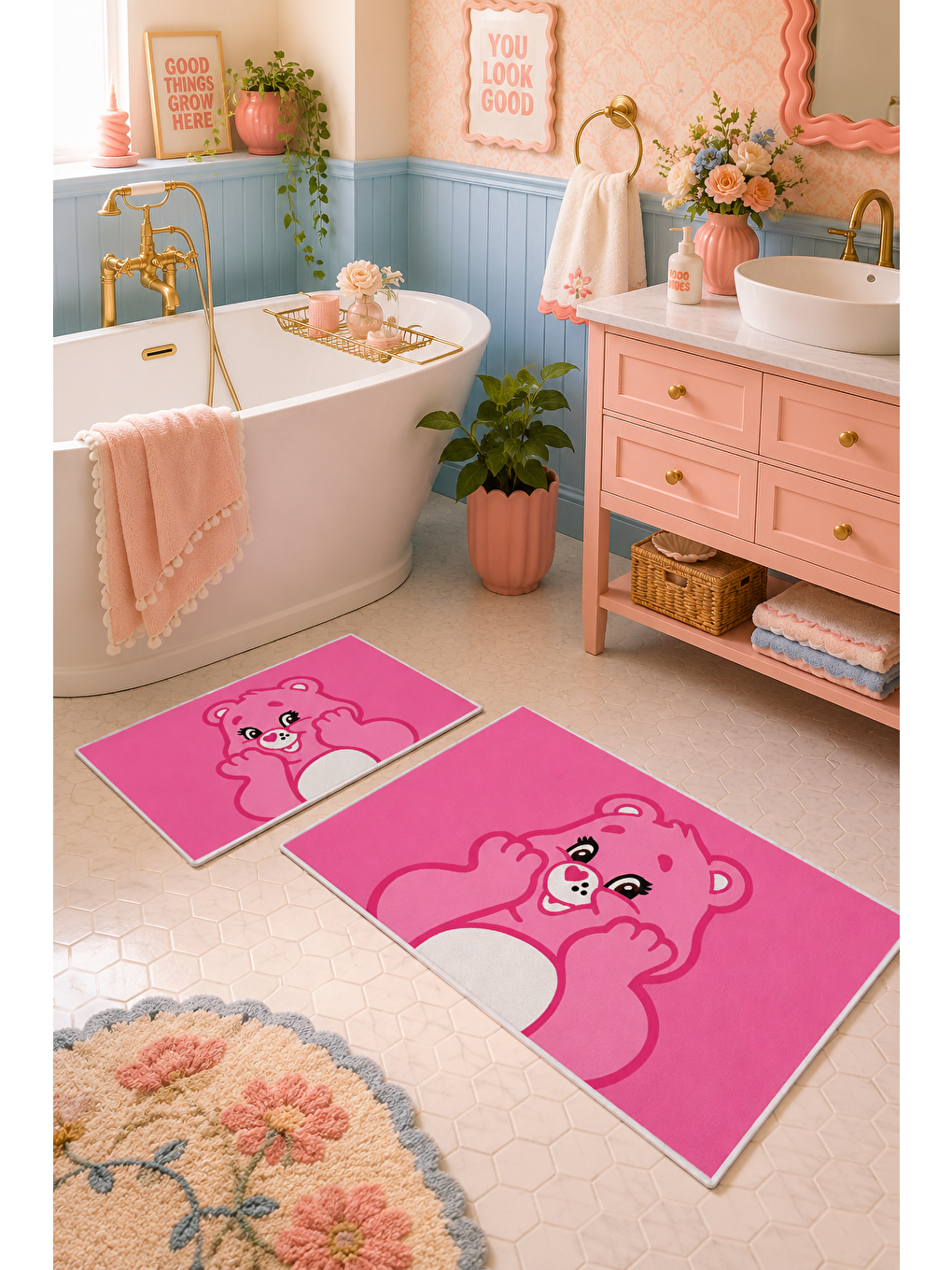 Açık Pembe Sevimli Ayı Desenli Kaymaz Taban Banyo Paspası 2’li Set-1