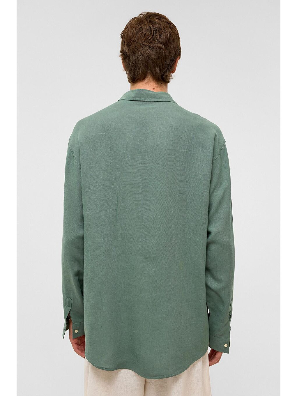 Oversize Uzun Kollu Keten Gömlek Haki-6