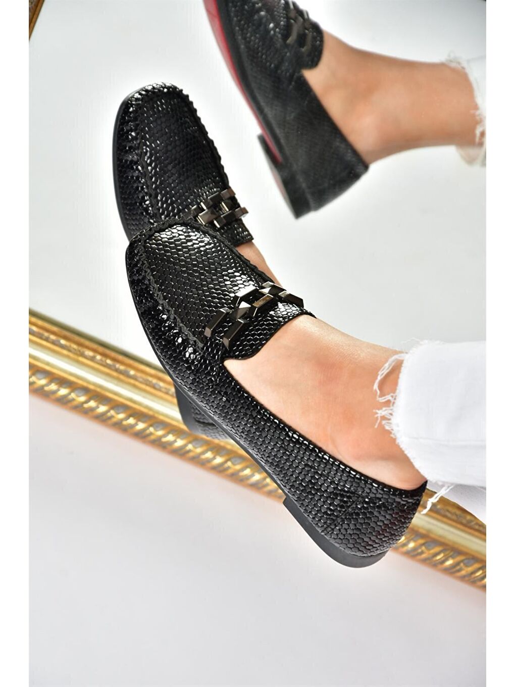 P757020542 Siyah Petek Baskı Kadın Babet-4