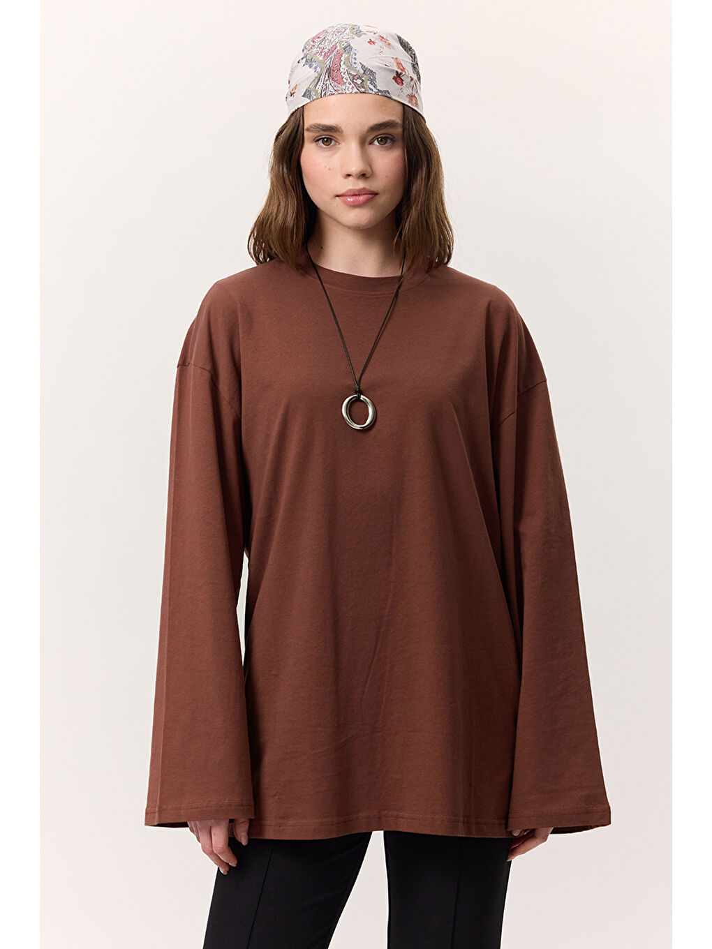 Kahverengi Geniş Kol Oversıze Tshırt Ağaç Kabuğu-4
