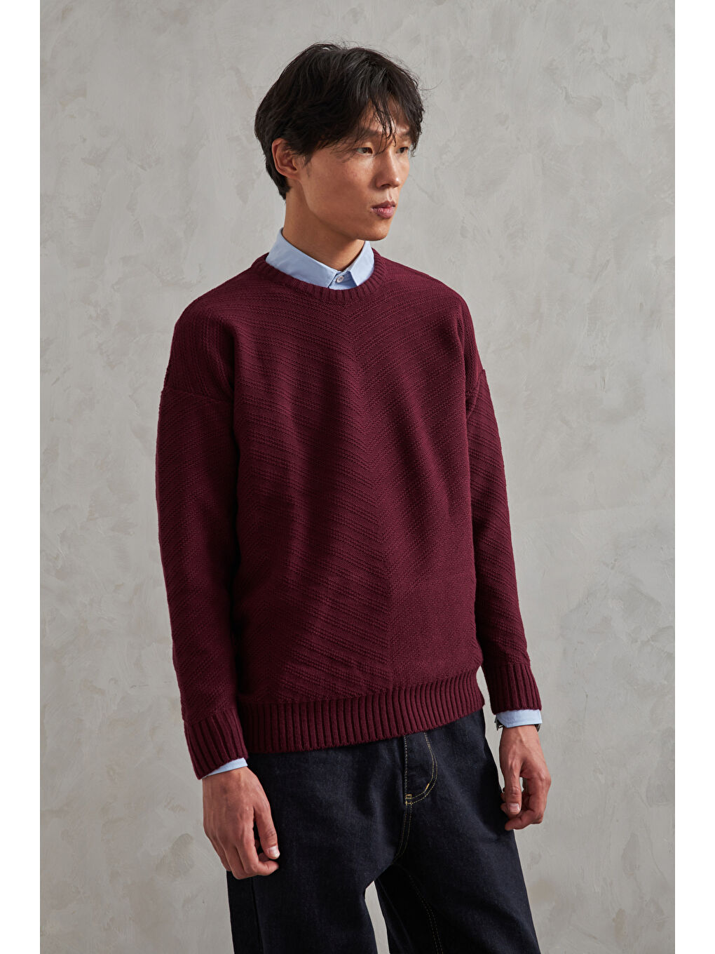 Bordo Erkek Bisiklet Yaka Oversize Ters Örgü Desen Kazak-2