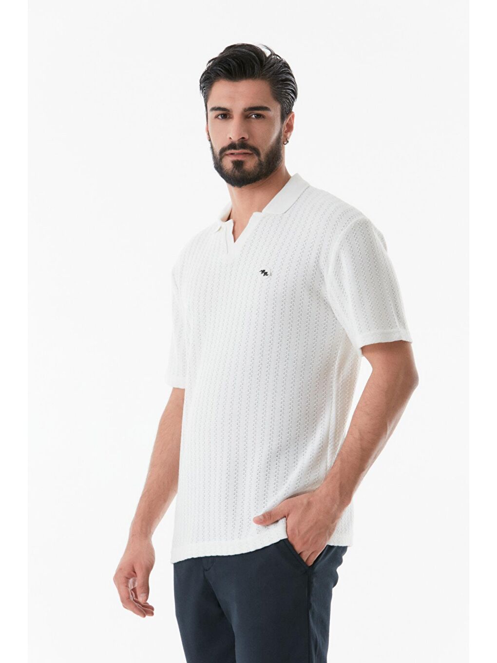 Ekru Nakışlı Polo Yaka Erkek Tişört-3